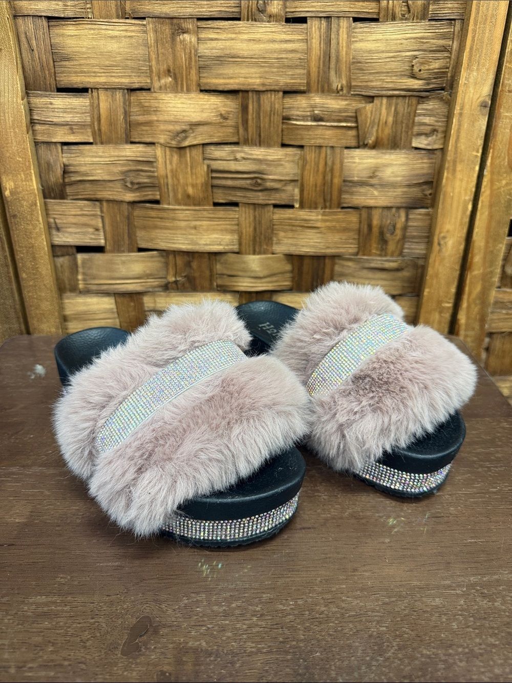 Faux Fur Rhinestone Platform Slide Sandals - Blush